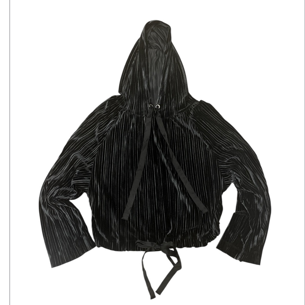 Rachel Roy Large Black Velvet Velour Cropped Ribbed Pullover Drawstring Hoodie